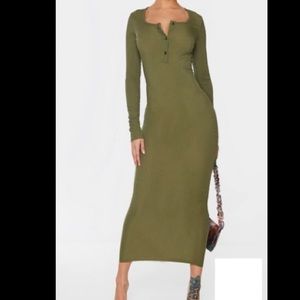 Khaki Ribbed Button Front Long Sleeve Midaxi Dress